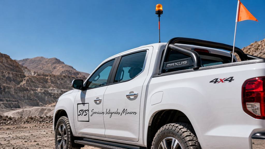 Pértiga con baliza naranja, banderín y barra antivuelco en camioneta 4x4 de SVS para faena minera